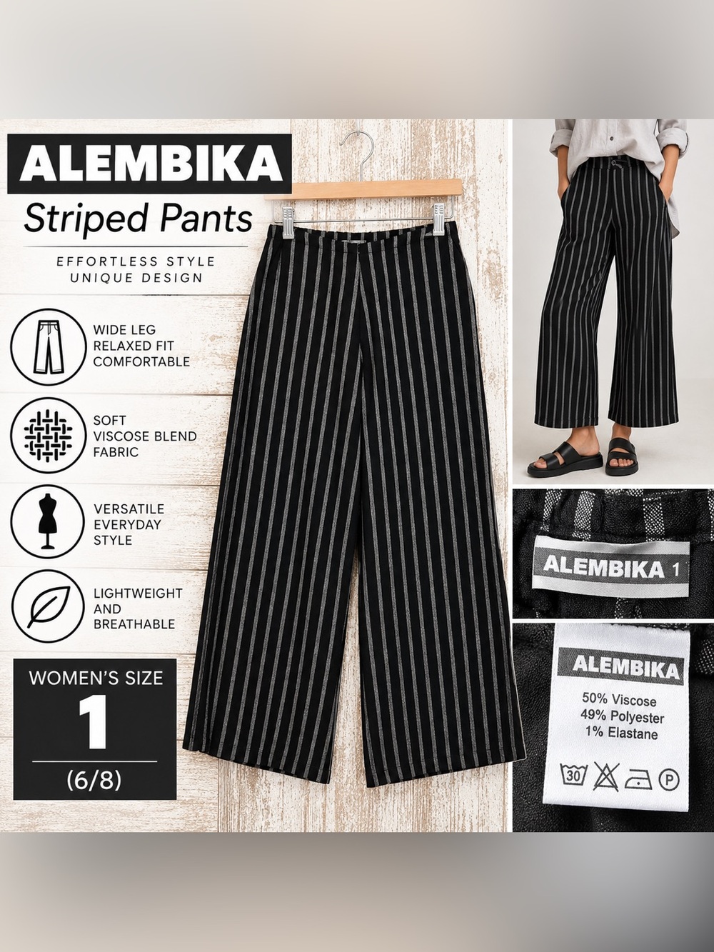 Alembika Black Gray Striped Wide Leg Pants Women’s Size 1 (6/8)
